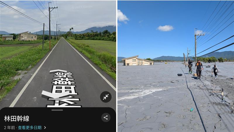 花蓮光復「林田幹線」災前街景（左）與災後實拍（右），讓不少人感嘆復原之路還很長。（圖／翻攝自PTT）