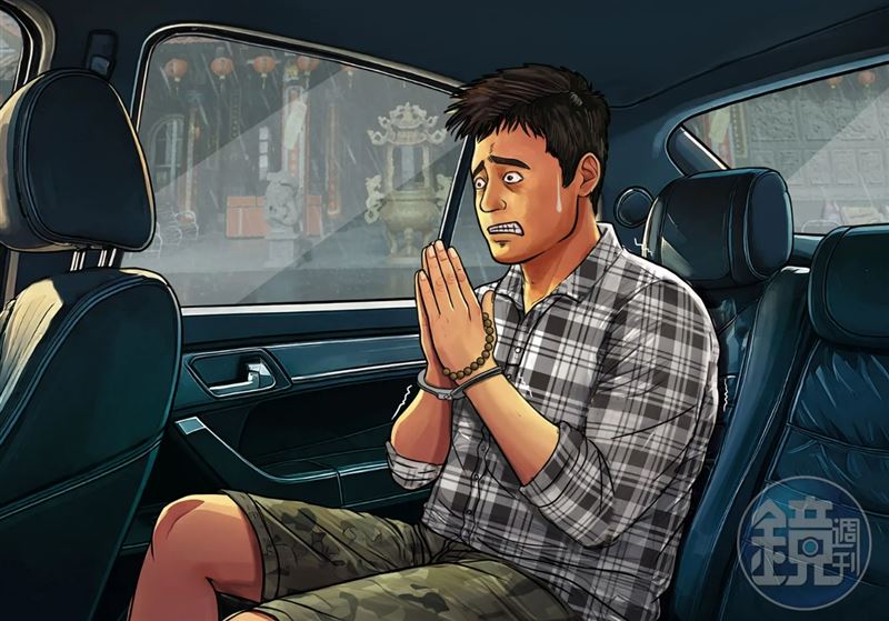 蘇男在關聖帝廟前見風雲變色，嚇得全身發抖、搓揉佛珠、唸佛號，事後自白4年前犯性侵殺人案。（AI繪圖Adobe Firefly生成，本刊美術組後製）