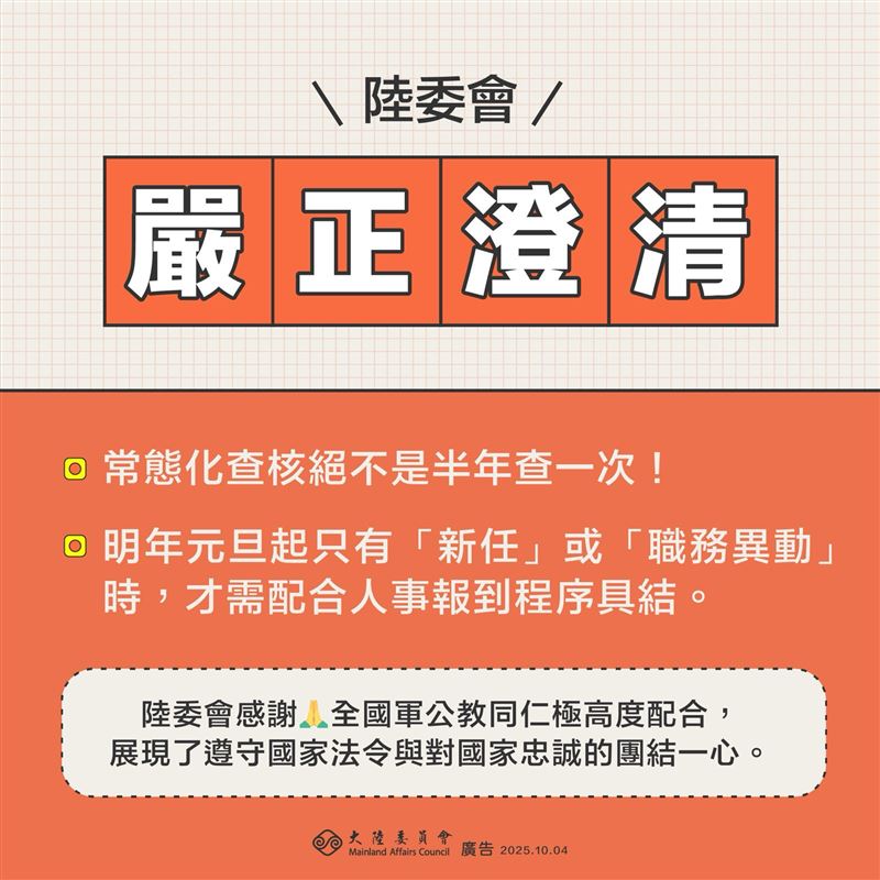 陸委會澄清，自明年元旦起實施的常態化清查，只有在新任或職務異動時，才需配合人事單位填寫調查具結書，從來都沒有每半年就要查核一次的規劃。（圖／陸委會提供）