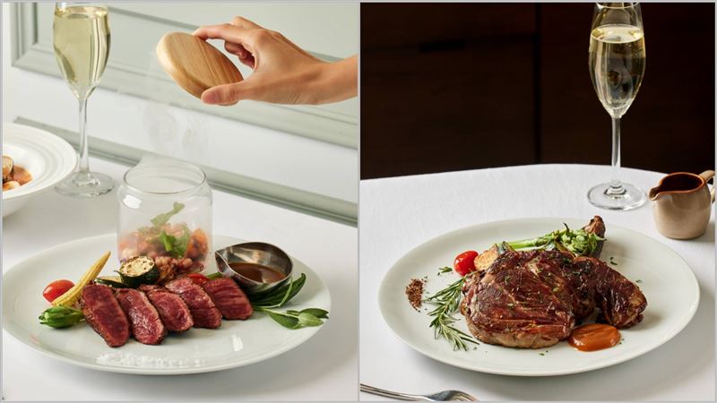 左「橡木煙燻蔬菜搭配日本A5和牛扇子肉」; 右「首席珍藏戰斧豬排」。（圖／大米義式廚房提供）