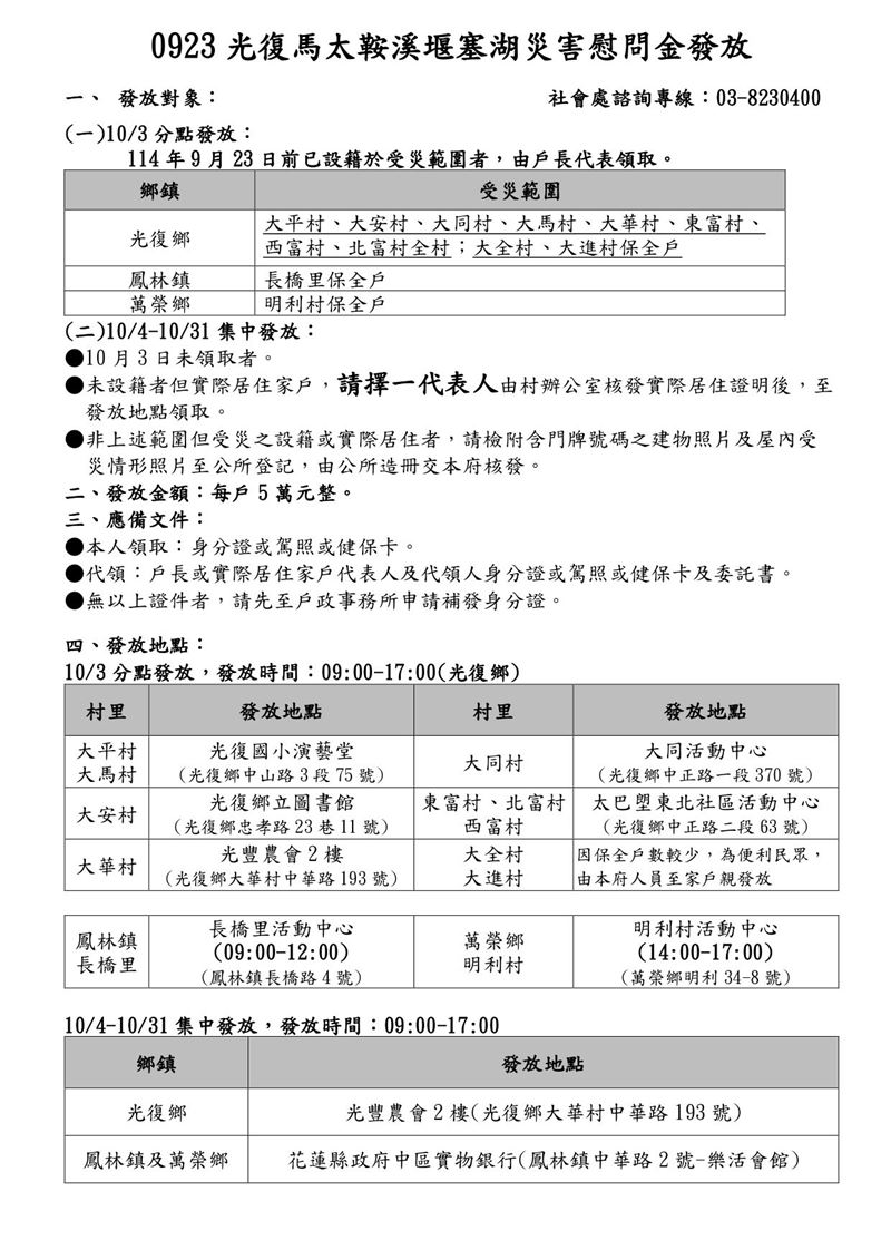 花蓮縣政府日前宣布，自10月3日起，將發放災害慰問金，每戶5萬元，協助受災家戶復原家園。（圖／翻攝自花蓮縣政府）