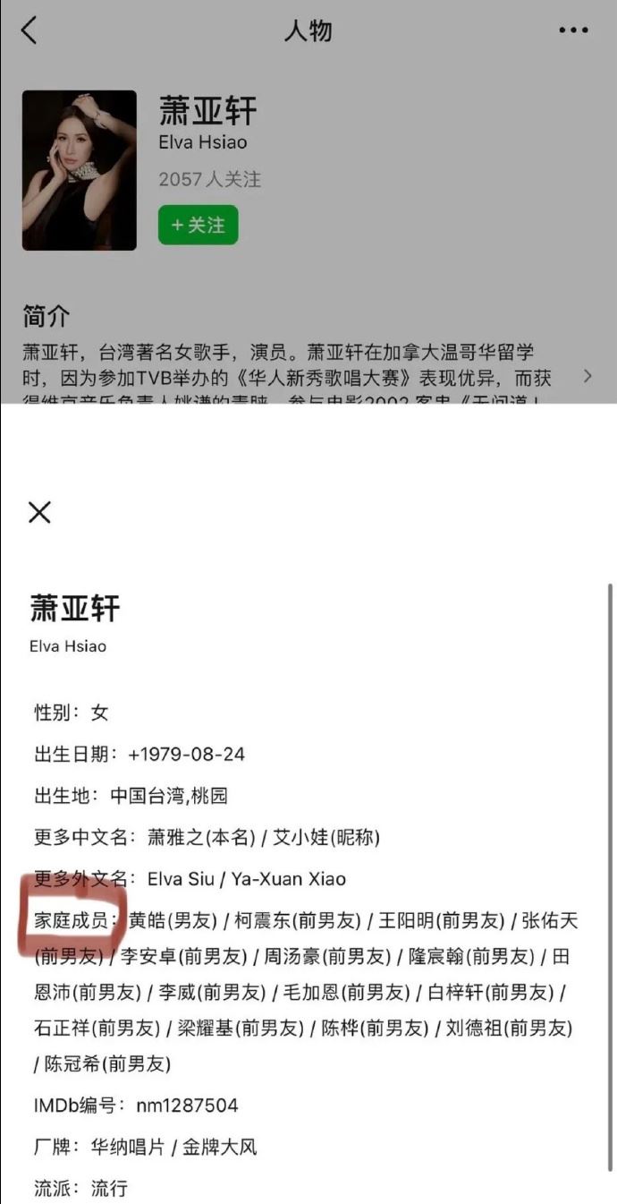 蕭亞軒16位前男友、緋聞男友，都被列進「家庭成員」名單。（圖／翻攝自微博）