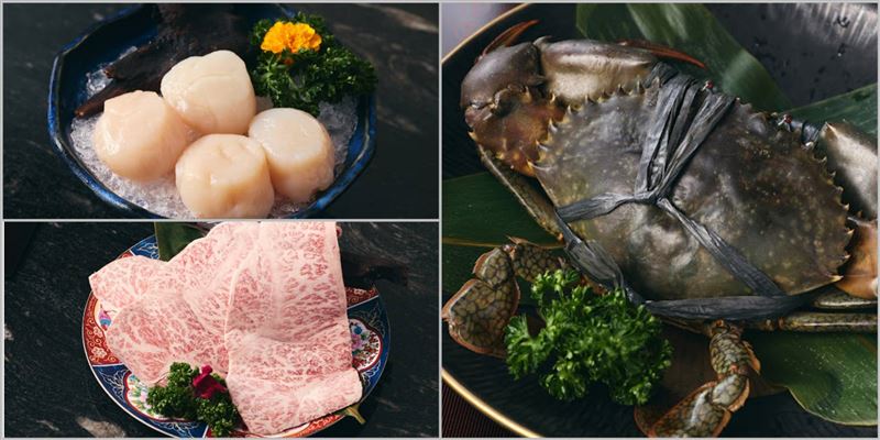 生食級北海道干貝、油花分布細緻的和牛肉片，以及肥美沙公蟹，三大主角一次到齊。（圖／業者提供）