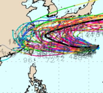 4日20時歐洲系集模式（ECMWF）模擬圖顯示「哈隆颱風」系集平均路徑已調整在琉球東側向東北大迴轉；但由於個別模擬路徑很分散，仍有少部分模擬路徑靠得比較近。（圖／翻攝自洩天機教室）