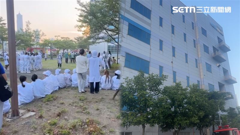 華新科技廠上午驚傳火警，現場是工廠5樓燃燒粉末，煙霧竄出，警報大響，員工防塵衣來不及脫往外逃難。（圖／記者胡時瑛攝影）