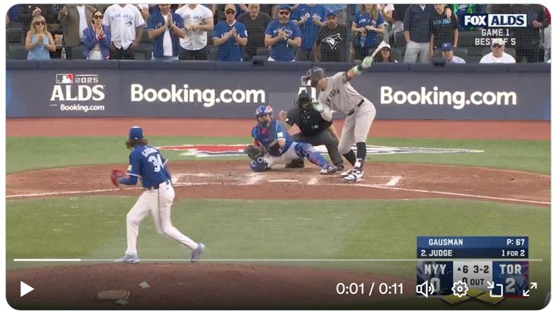 分區系列賽G1賈吉（Aaron Judge）6局上滿壘遭三振。（圖／翻攝自MLB X）