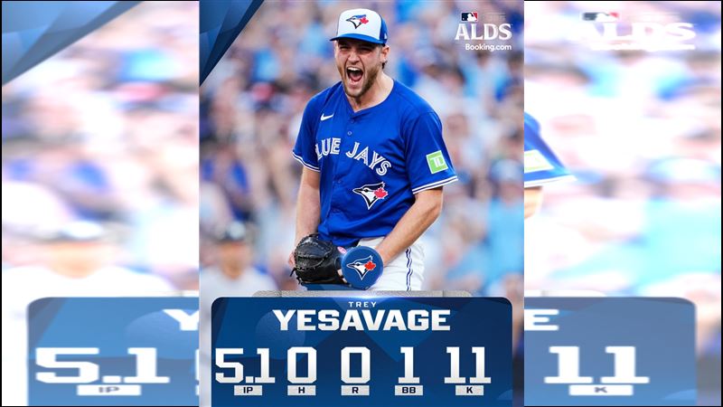 外卡系列賽G2藍鳥大物耶薩維奇（Trey Yesavage）5.1局無安打。（圖／翻攝自MLB X）