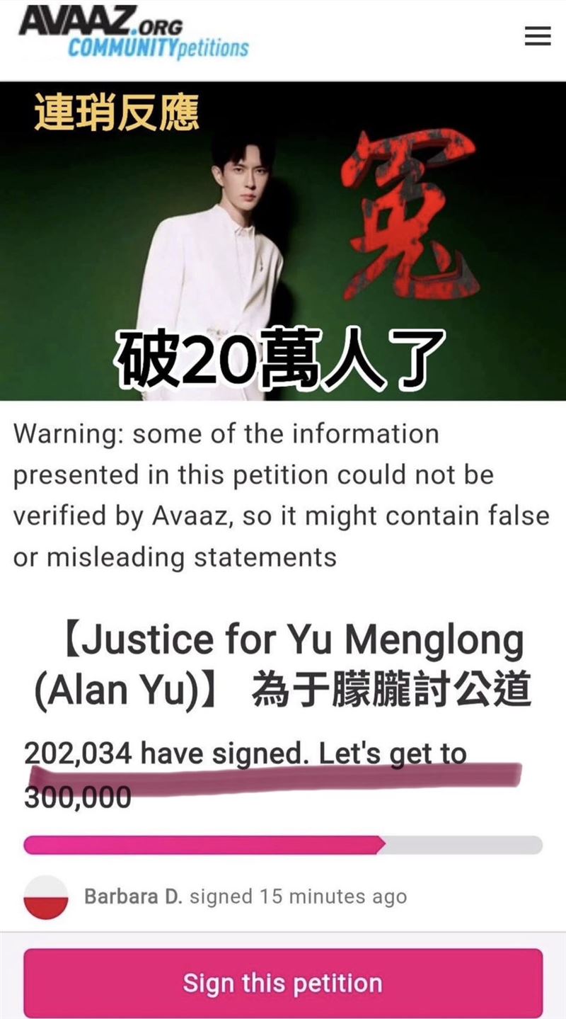 網友質疑死因不單純，並透過非政府組織「AVAAZ」發起連署，截至10月4日下午已有超過20萬人參與。（圖／翻攝自AVAAZ）