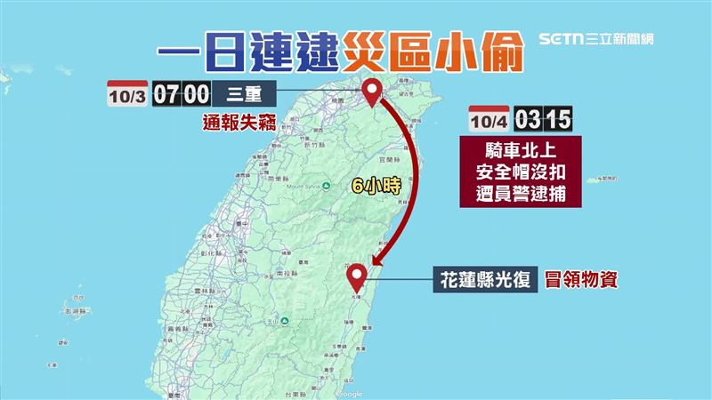 廖姓男子在新北市三重偷車後，騎車橫越252公里到花蓮縣光復災區，冒領災民救災物資