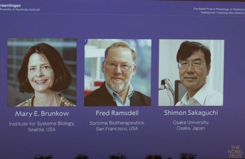 2025諾貝爾醫學獎揭曉，美國學者布朗柯（左起）、藍斯德爾以及日本免疫學家坂口志文共享殊榮。（圖取自諾貝爾獎YouTube頻道網頁youtube.com）
