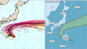 最新歐洲系集模式模擬圖與最新「路徑潛勢預測圖」皆顯示，「哈隆颱風」將在日本南方海面向東北東大迴轉，侵襲日本的機率並不高，雖然強度將逐漸增強，直逼強颱。（圖／洩天機教室）