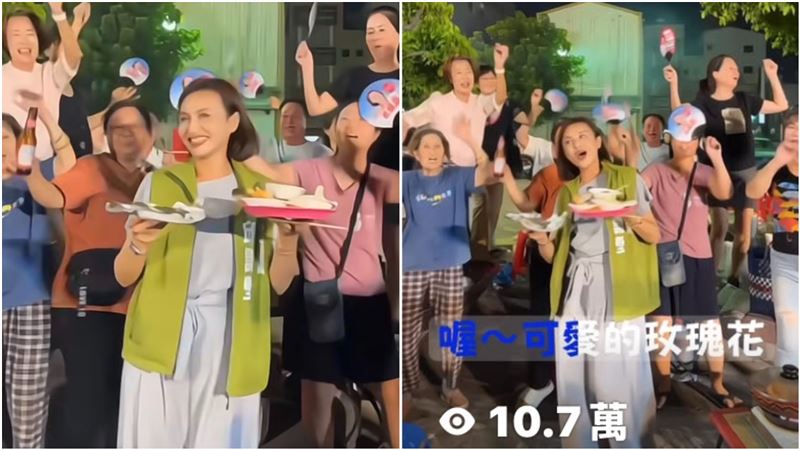 邱議瑩在中秋烤肉晚會，端著烤肉和婆媽熱舞，網大讚「好有才華」。 （圖／翻攝自邱議瑩臉書）