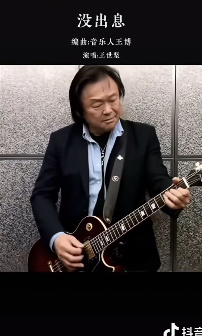 中國網友用Ai製作王世堅彈吉他畫面，並把質詢內容改編成歌曲〈沒出息〉。（圖／翻攝自抖音）