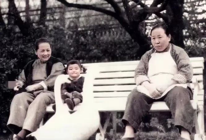 宋慶齡（左）跟保母李燕娥(右)的合照，照片中，宋慶齡一臉開心地看著白鴨，旁邊坐著的是養女隋永清。（圖／翻攝百度百科）