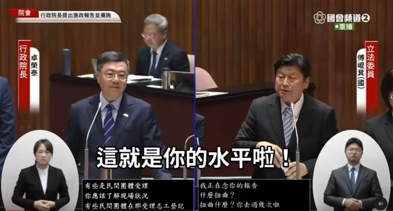 國民黨立院黨團總召傅崐萁（右）質詢時被行政院長卓榮泰（左）電爆。（圖／翻攝自立院ivod）