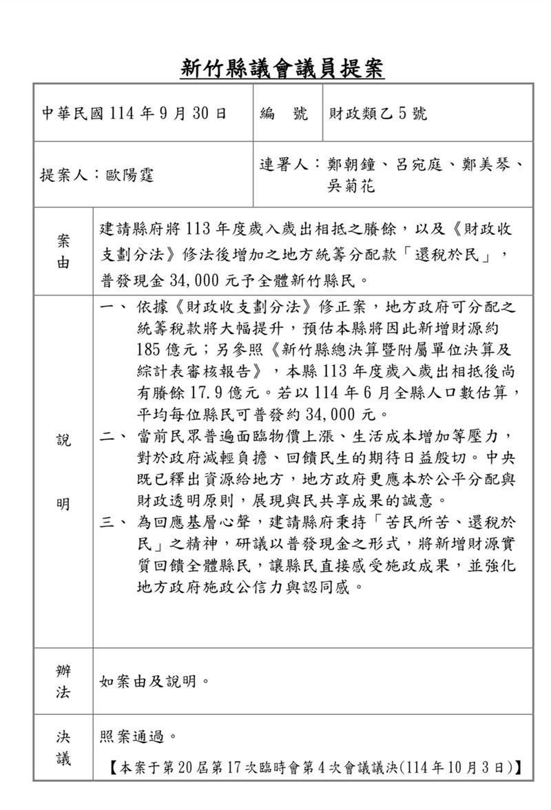 新竹縣議會跨黨派通過普發提案。（圖／翻攝畫面）