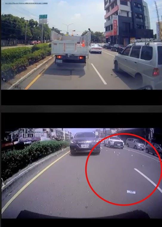 大量千元鈔票隨風飛舞，清潔隊員發現是真鈔後，立刻下車幫撿拾。(圖／台中市環保局提供)