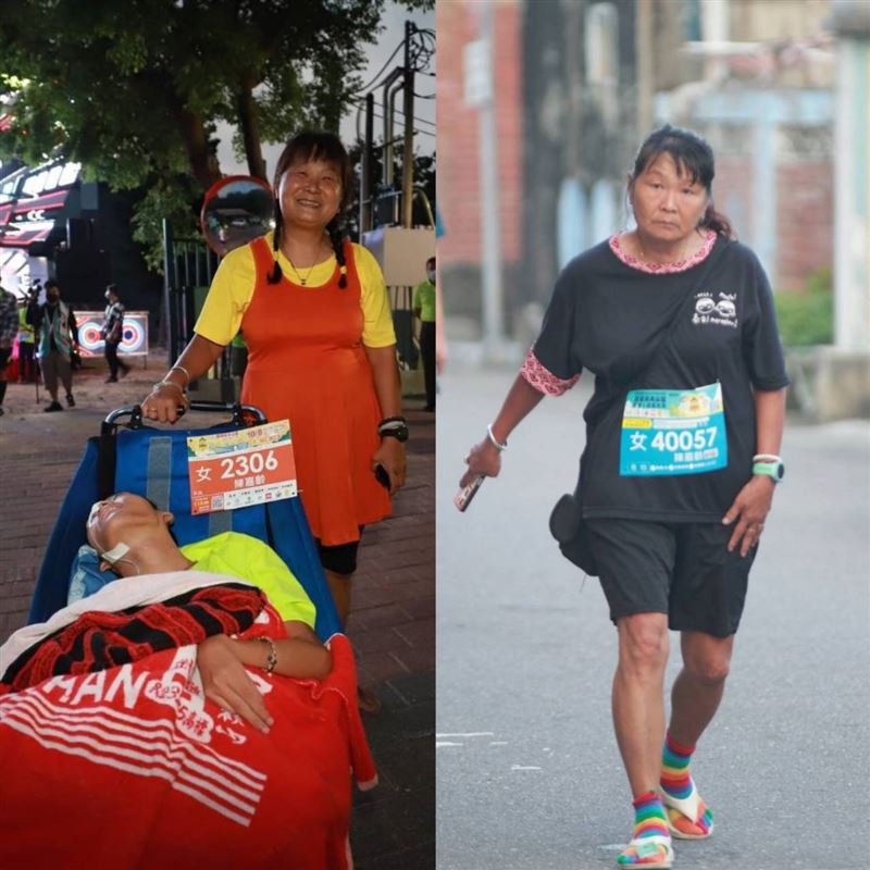 超跑媽「帶」小比第一次１個人跑，完成與兒子的最後約定，神情落寞令網友不捨淚崩。圖左為有兒子陪伴時的滿足開心笑臉。（圖／翻攝自《小比的跑旅雜記》、黃嫈珺議員提供）