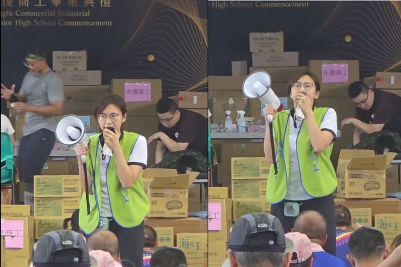 一名在光復商工協助安置工作的訓育組教師，當場沒收一箱保力達飲料，並嚴正呼籲民眾「請不要再亂發給卡車司機」，細心的堅持獲得外界大力讚賞！(圖/翻攝畫面)