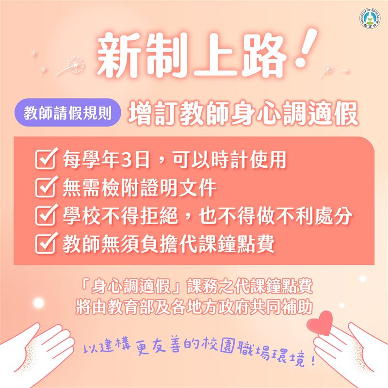 教育部宣布修正「教師請假規則」增訂教師身心調適假，每學年准給3日。（圖／教育部提供）