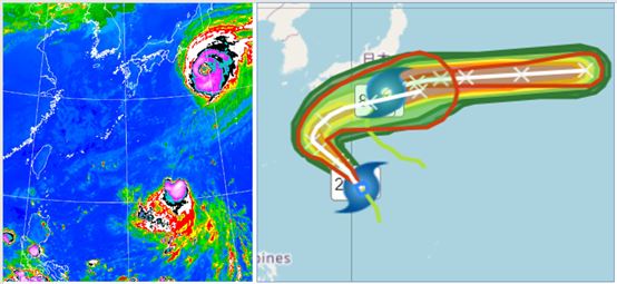 「強颱哈隆」在日本南方海面轉向東北東前進，侵襲日本本土的機率低；「輕颱娜克莉」向西北進行，未來前進至琉球東方海面，亦有大迴轉的路徑。（圖／洩天機教室）