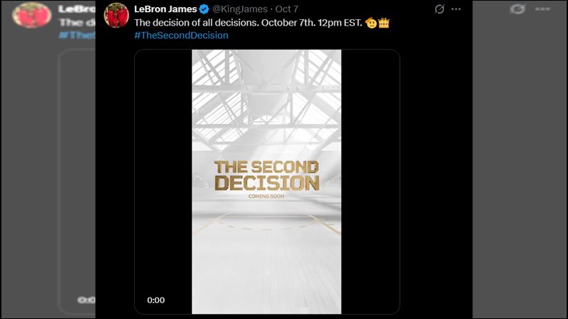 詹姆斯（LeBron James）日前預告將做出「決定中的決定」，並標記「The Second Decision」（第二次的決定），最後揭曉只是詹皇的新廣告。（圖／翻攝自詹姆斯Ｘ）