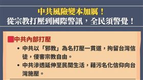 民進黨中國部表示，中共風險變本加厲，從民間宗教到國際社會都發出警訊（圖／翻攝自民進黨中國部臉書）