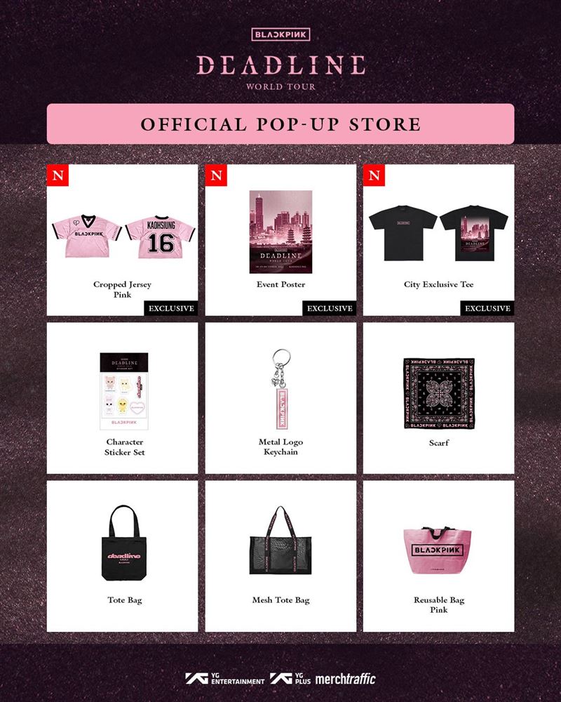 BLACKPINK台北快閃店販售的限定週邊，包括提袋、海報、鑰匙圈等商品。（圖／翻攝自Live Nation Taiwan 理想國臉書）