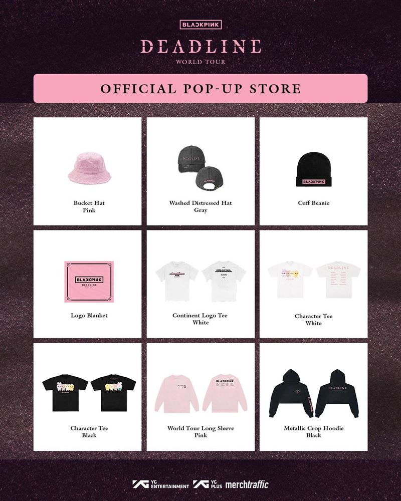 BLACKPINK台北快閃店即將開賣的帽子、衣服，有多種不同的款式。（圖／翻攝自Live Nation Taiwan 理想國臉書）