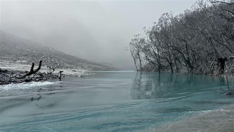 堰塞湖周邊森林植物全數因淹水後灰泥包覆死亡，湖水綠的湖面看似平靜實則水流快速，周圍粉塵瀰漫呼吸充滿紛飛沙塵。（圖／林業署花蓮分署）