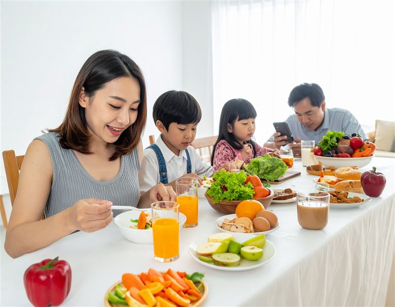 東方家庭餐桌場景,媽媽準備餐點、小孩挑食、爸爸在看手機