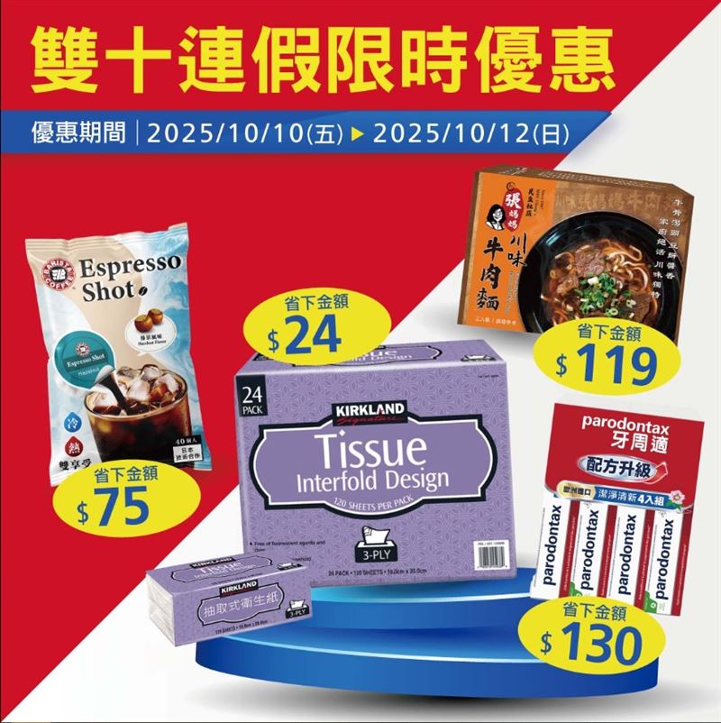 為延續中秋買氣、迎戰國慶出遊潮，好市多閃電宣布自10月10日起推出三天限定優惠，主打食品、飲品與清潔補給三大類商品，鎖定家庭主婦與露營族群的節後補貨需求。（圖／好市多臉書）