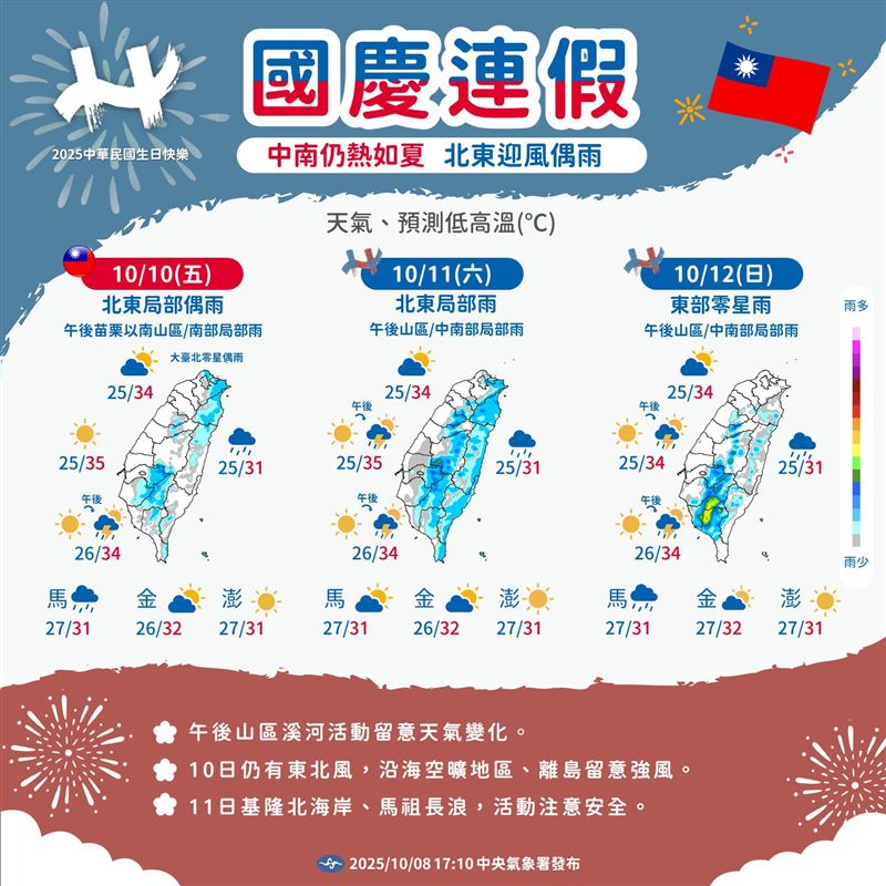 國慶連假天氣一圖看懂。（圖／中央氣象署）