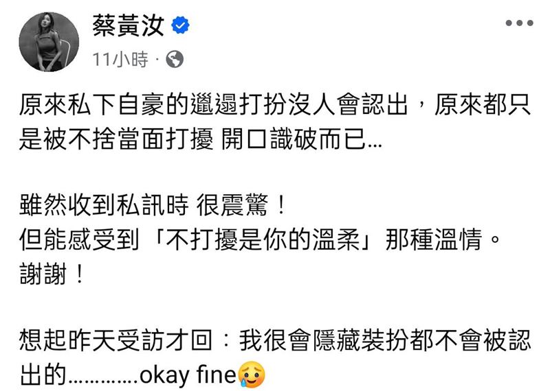 蔡黃汝自豪私下打扮不會被認出。（圖／翻攝自蔡黃汝臉書）
