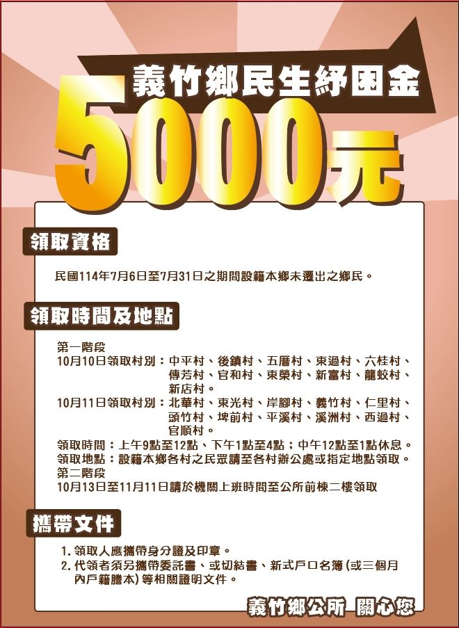 義竹鄉發放民生紓困金5千元給鄉民。（圖／翻攝自義竹鄉公所臉書）