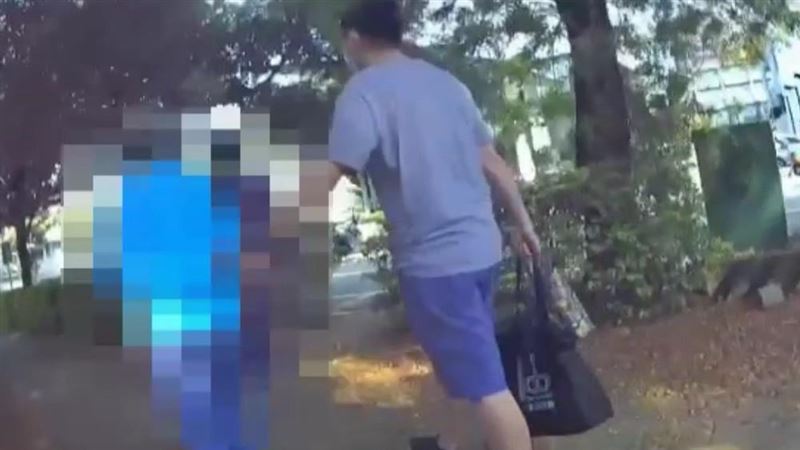 莊姓女子被上銬帶走，途中還喊冤「合法的」。（圖／翻攝畫面）