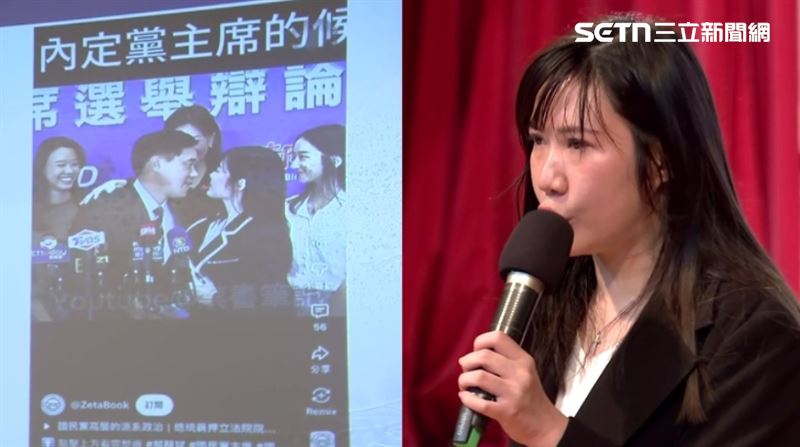 趙少康召開「正告大陸當局，不要介入國民黨主席選舉」記者會，播放AI變造郝龍斌跟柳采葳親吻影像，柳采葳出面痛批喊報案提告（組合圖／翻攝畫面）