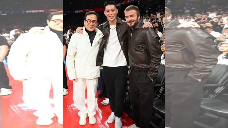 剛從新北國王退役的林書豪現身澳門，在NBA中國熱身賽開心與貝克漢、成龍完成跨界世紀合照。（圖／翻攝自林書豪臉書）