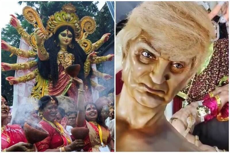 不滿關稅戰，印度宗教慶典諷刺上演「女神大戰川普魔王」。（圖／翻攝Ｘ）