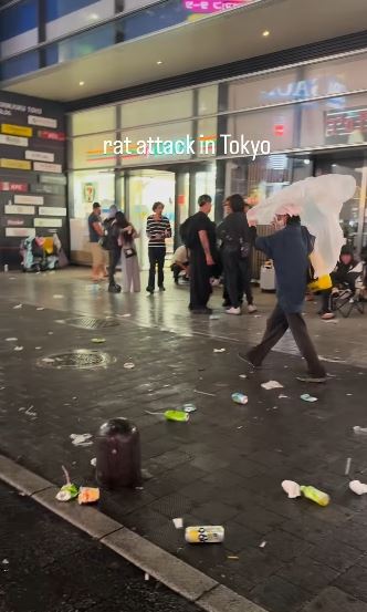 東京新宿街頭晚上常有年輕人群聚,垃圾丟滿地,很沒公德心。(圖/翻攝自IG@yogitutty)