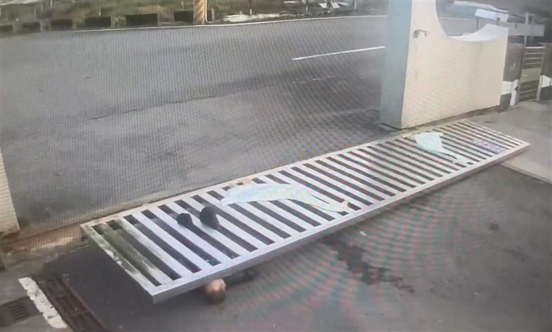 警衛林男被大門壓住頭部受到重創。（圖／翻攝畫面）