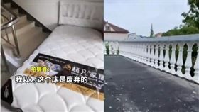 中國一名房東疑似占用公寓頂樓樓梯間，隨便擺放床跟簡單桌椅出租。（圖／翻攝自微博）