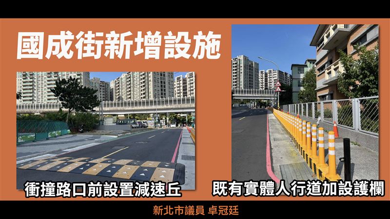 三峽車禍事發點國成街新增設施：衝撞路口前設置減速丘、既有實體人行道加設護欄
