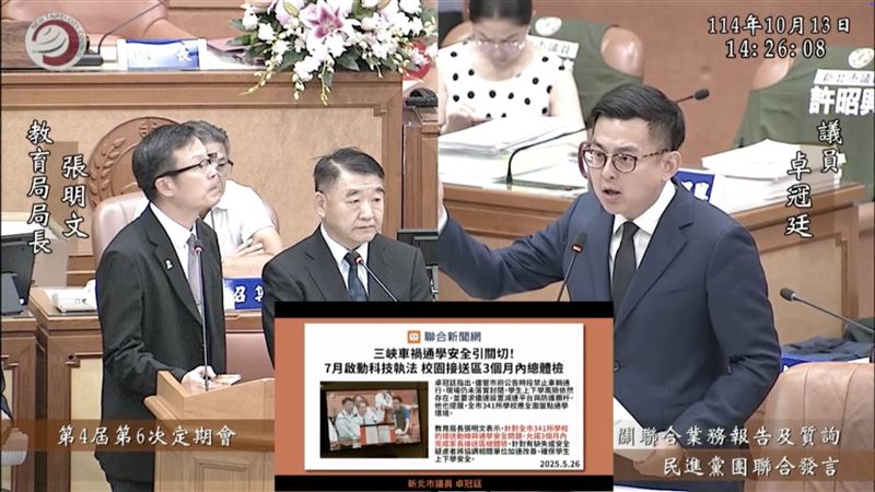 新北市議員卓冠廷質詢新北市府交通局、工務局，指出事發至今5個月來市府僅做微調，當時不斷強調的「實體人行道」卻仍無下文
