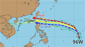 熱帶擾動96W將發展為風神颱風，路徑預測分歧。（圖／林老師氣象站）