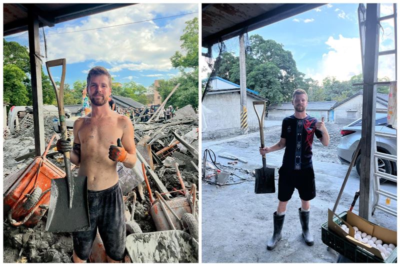 Hew貼出救災初期（左圖）以及近日同一地點的照片（右圖），災區「前後對比」畫面驚人。（圖／翻攝自Threads@hewwanders）