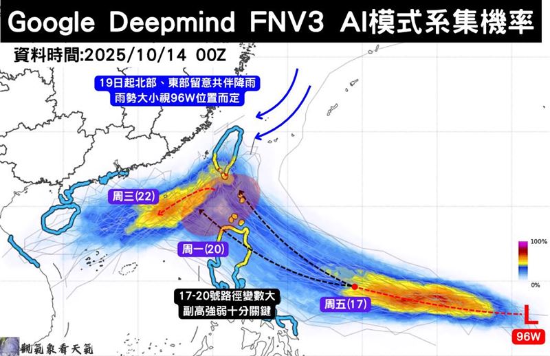 觀氣象看天氣表示，19日起要小心共伴效應所帶來的雨勢，可能持續3天以上。（圖／翻攝自觀氣象看天氣臉書）