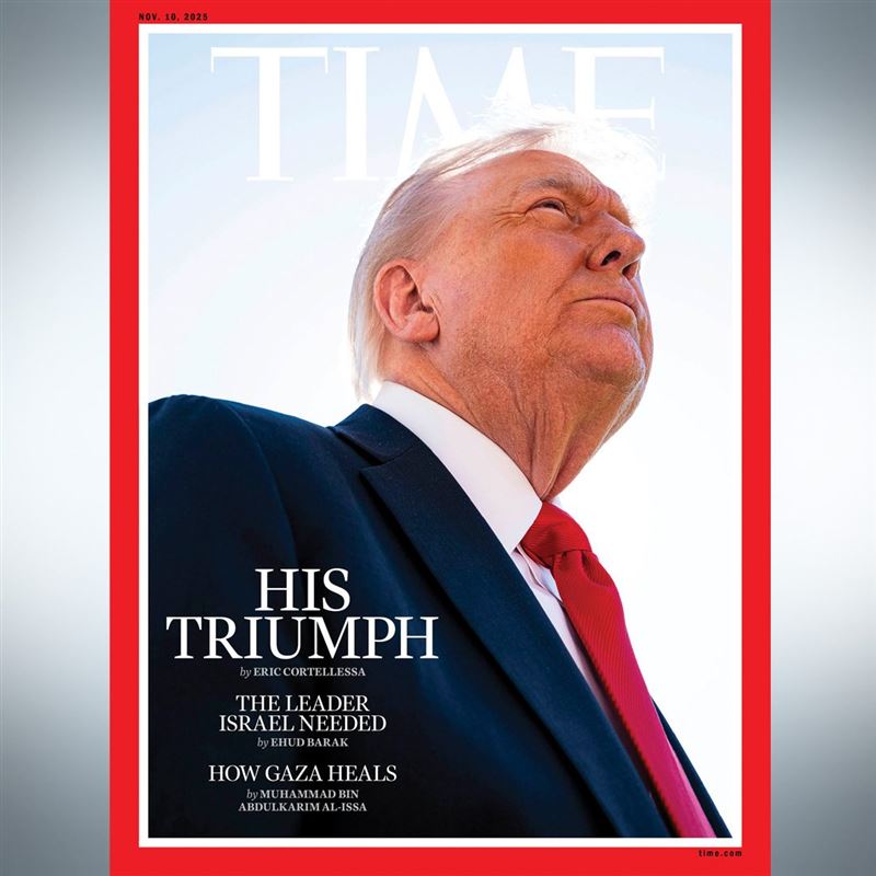 川普因促成加薩停火，再度登上時代雜誌（TIME）封面人物。（圖／翻攝自TIME臉書粉專）