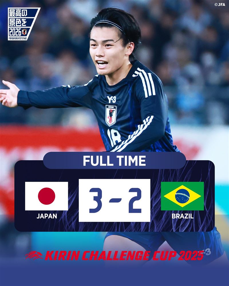 日本足球國家隊在兩球落後的情況下，連進3球逆轉勝，打破隊史不曾贏森巴兵團的宿命。（圖／翻攝自日本足球協會IG）