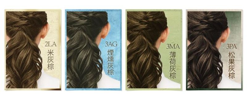 「宣若EX染髮霜」針對微量白髮族群推出的輕盈透明色系2LA米灰棕和3AG煙燻灰棕，以及低調知性的3MA薄荷灰棕和3PA松果灰棕。（圖／業者提供）